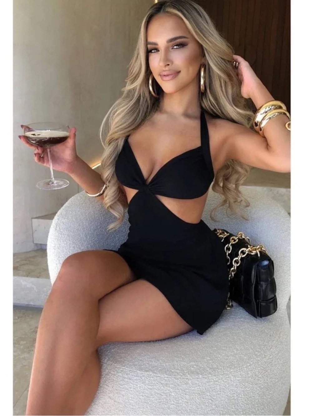 Black Halter Cutout Mini Dress with Twist Front